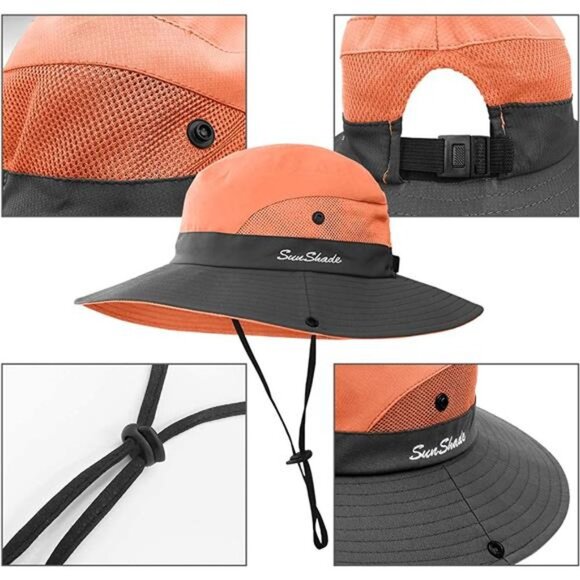 3 Pieces Women Ponytail Wide Brim Sun Hat Packable UV Protection Beach Cap main image 5